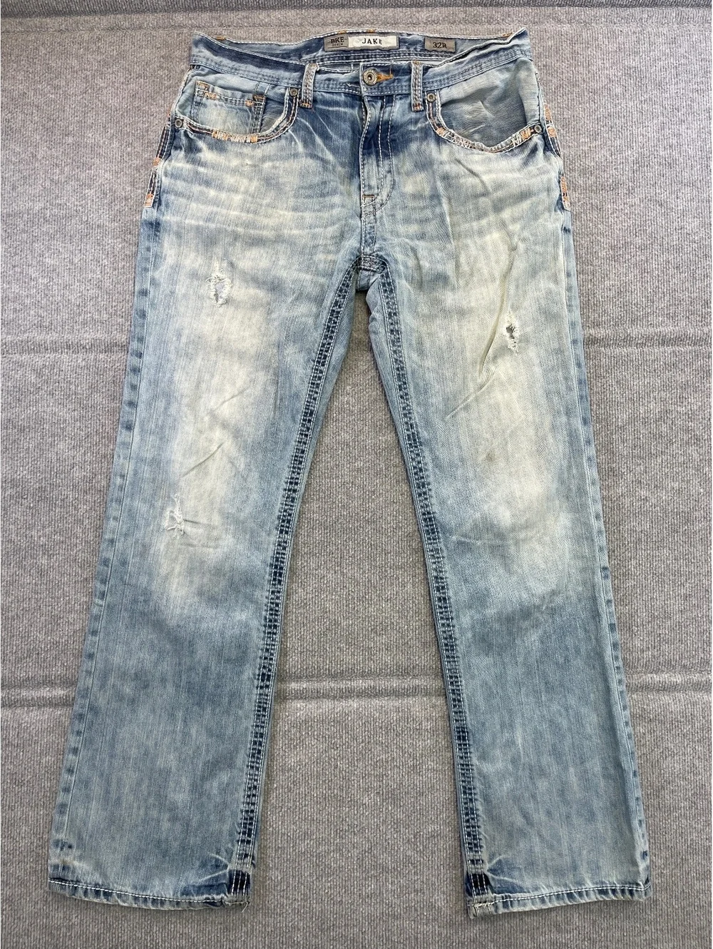 BKE Jake Mens Jeans Size 32R Light Wash Distressed Straight Leg Denim